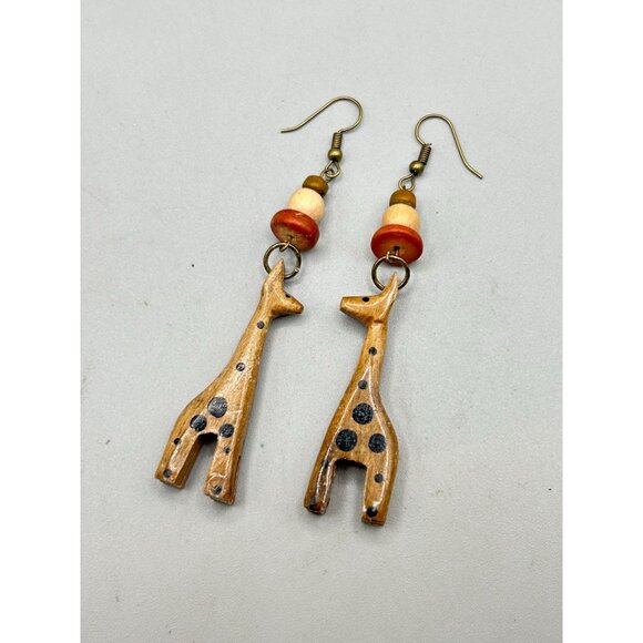 Vintage Giraffe Earrings Carved Hand Painted Wood Dangles Animal Ethnic Jewelry - Picture 5 of 8
